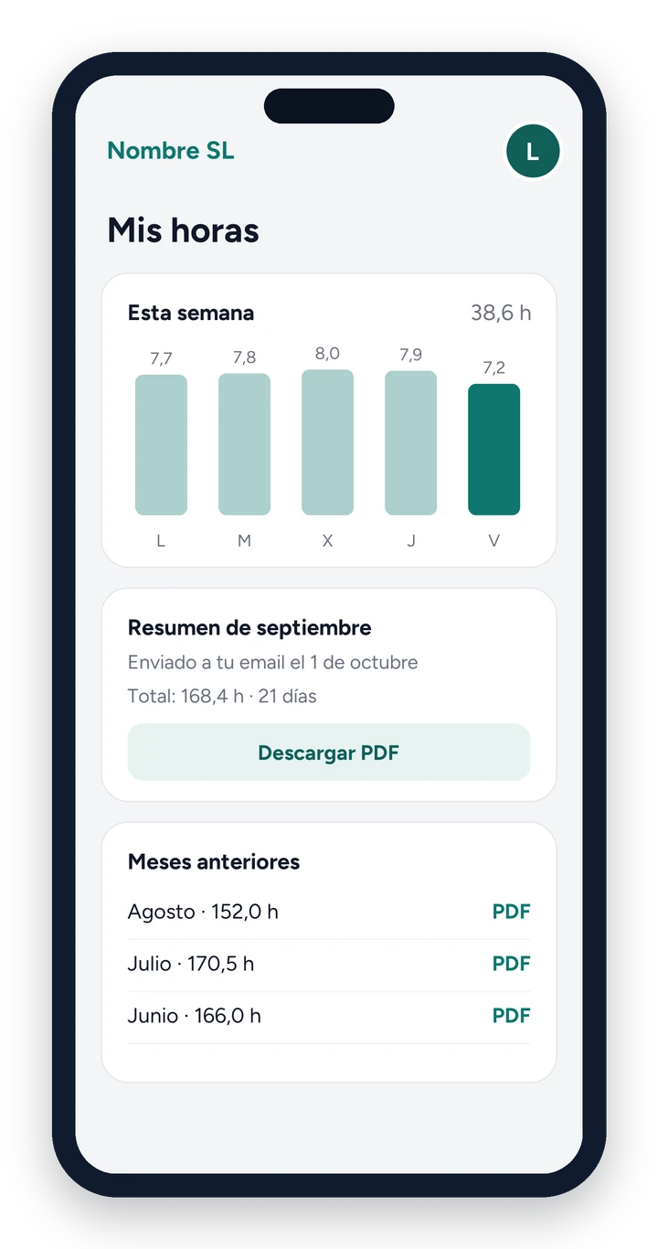 App de fichaje: horas de la semana y resumen mensual