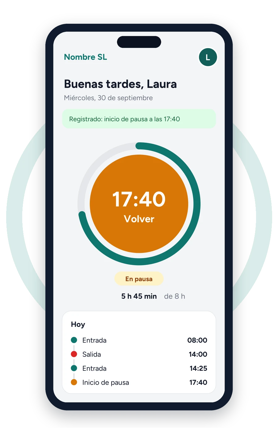 App de fichaje en pausa, con las horas del día