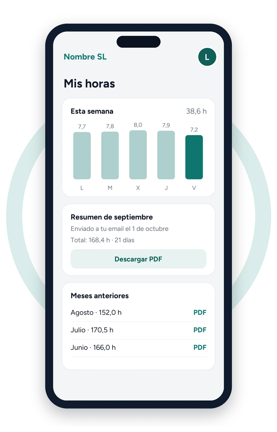App de fichaje: horas de la semana y resumen mensual